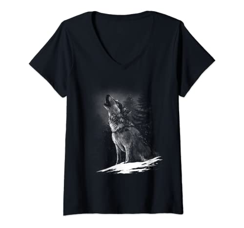 Damen Heulender Wolf Motiv Damen Herren Kinder Mädchen Jungen T-Shirt mit V-Ausschnitt von Heulender Wolf heult heulen cooles Tier