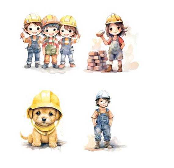 Bügelbild Bügelmotiv Baustelle Bauarbeiter Junge Mädchen Kinder Freunde Hund Katze Verschiedene Größen von HeupelStore