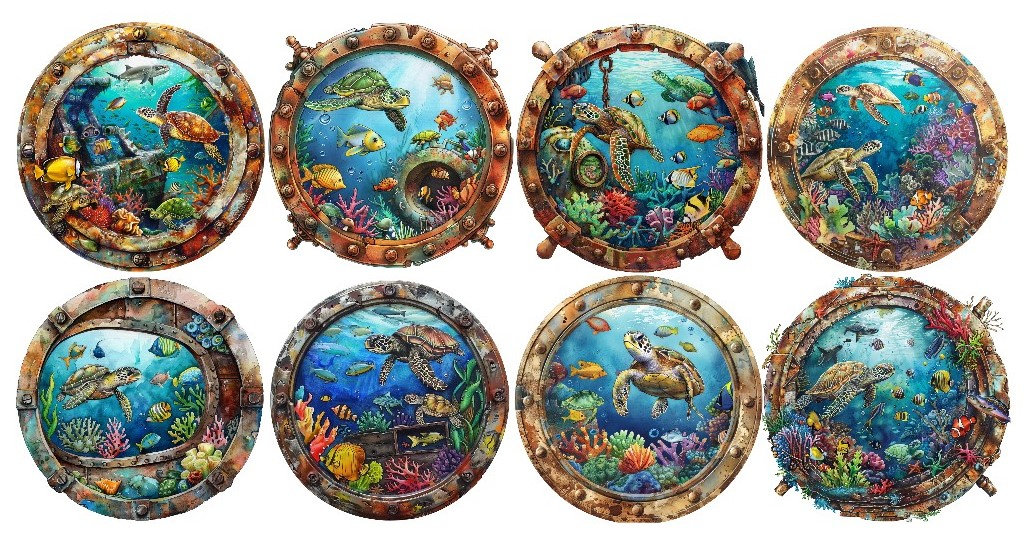 Bügelbild Bügelmotiv Bullauge Meer Ozean Fisch Schildkröte Junge Mädchen Verschiedene Größen Bügelbild Bügelmotiv Bullauge Meer Ozean Fisch Schildkröte Junge Mädchen Verschiedene Größen von HeupelStore