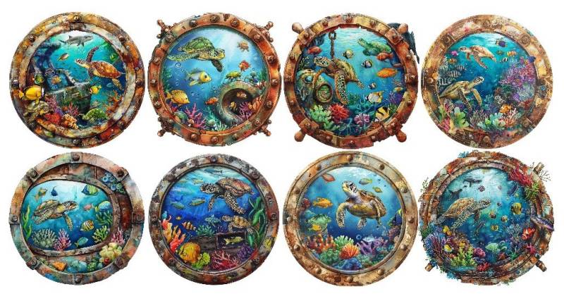 Bügelbild Bügelmotiv Bullauge Meer Ozean Fisch Schildkröte Junge Mädchen Verschiedene Größen von HeupelStore