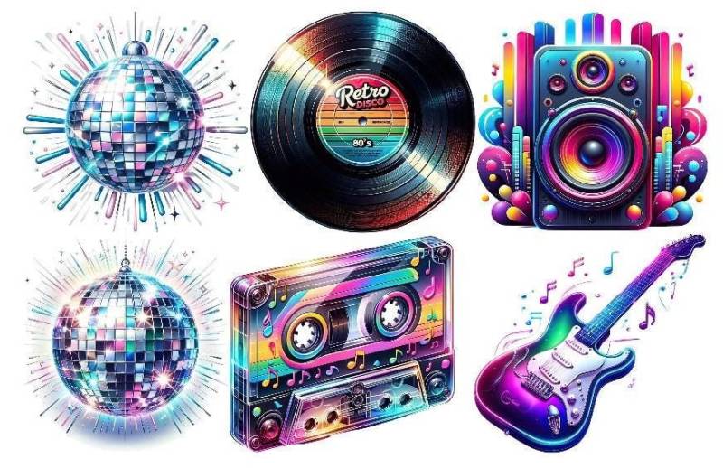 Bügelbild Bügelmotiv Disco 80Er 80S Gitarre Schallplatte Junge Mädchen Verschiedene Größen von HeupelStore