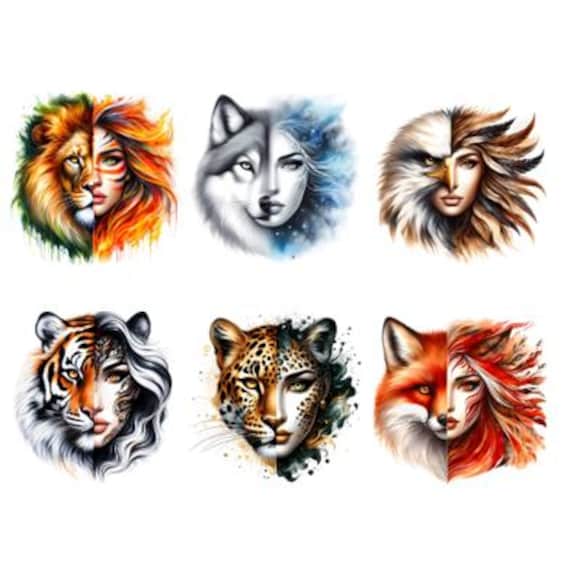 Bügelbild Bügelmotiv Frau Tier Löwe Tiger Wolf Fuchs Eule Schmetterling Panda Verschiedene Größen von HeupelStore