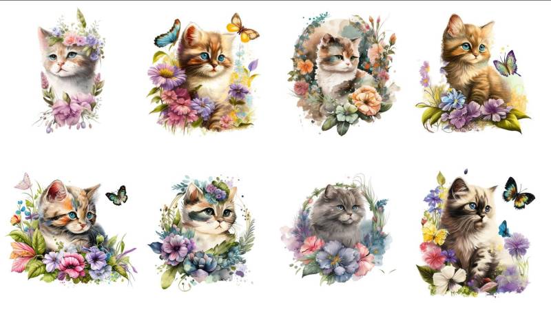 Bügelbild Bügelmotiv Katze Kitten Cat Blumen Schmetterlinge Junge Mädchen Verschiedene Größen von HeupelStore