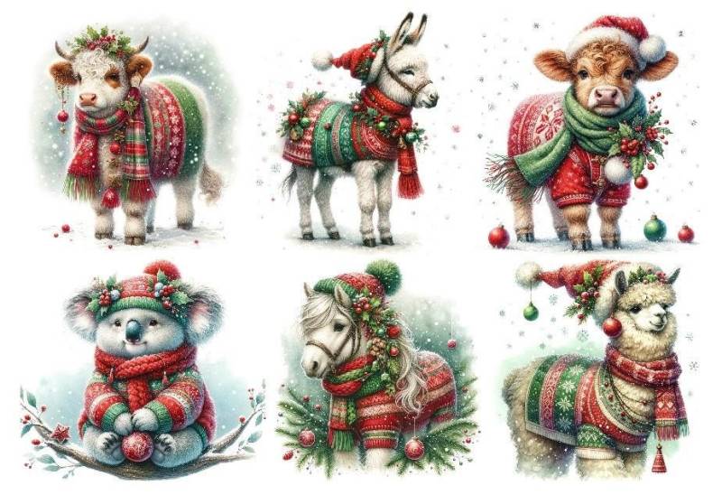 Bügelbild Bügelmotiv Tier Mit Pulli Winter Weihnachten Schaf Koala Lama Kuh Junge Mädchen Verschiedene Größen von HeupelStore