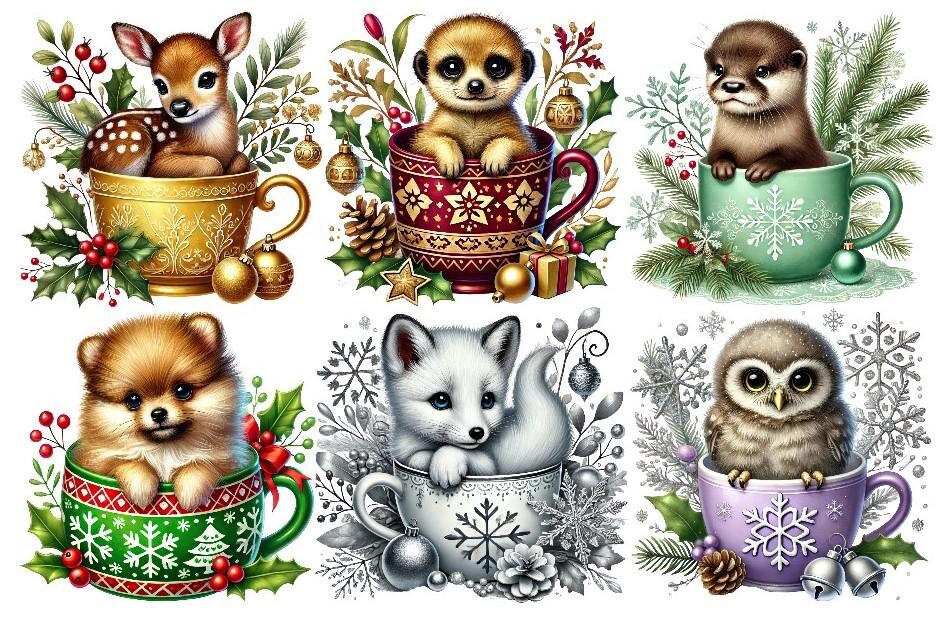 Bügelbild Bügelmotiv Tier in Tasse Weihnachten Winter Igel Faultier Reh Fuchs Junge Mädchen Verschiedene Größen von HeupelStore