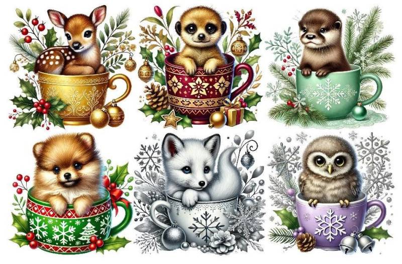 Bügelbild Bügelmotiv Tier in Tasse Weihnachten Winter Igel Faultier Reh Fuchs Junge Mädchen Verschiedene Größen von HeupelStore