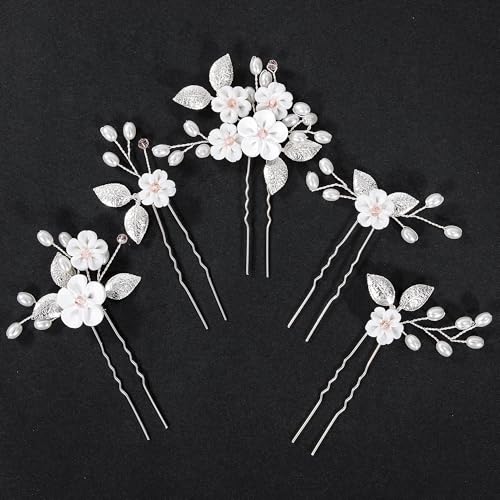 Blumen Perlen Haarschmuck Hochzeit Haarnadeln Silber U-förmig Haarnadeln für Braut Brautjungfer Damen Mädchen 5 Stücke von Heveer