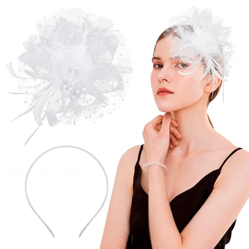 Fascinator Hut Blume Mesh Federn Stirnband mit Haarspange Schwarz Cocktail Kopfbedeckung für Damen Mädchen Hochzeit Weiß von Heveer