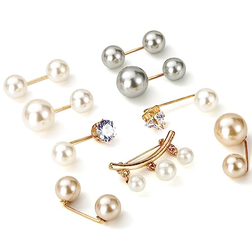 Künstliche Perlen Brosche Doppelköpfige Schmucknadel Faux Perle Brosche Set für Damen Kleider Kragen Schal Cardigan 9 Stück von Heveer