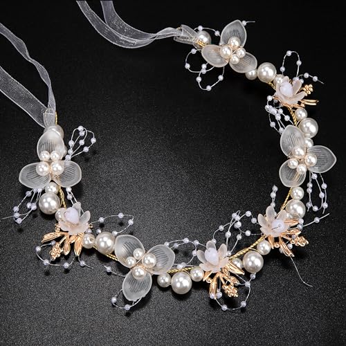 Heveer Hochzeit Perle Haarschmuck Kommunion Mädchen Haarkranz Prinzessin Blume Perle Haarreifen Kopfbedeckung mit Band Weiß, Gold von Heveer