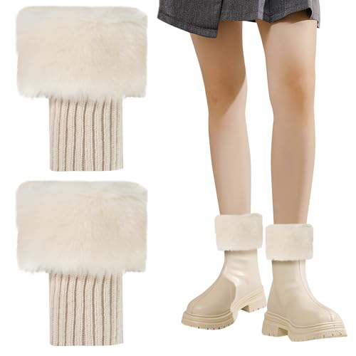 Heveer Beinwärmer Damen Beinstulpen Gestrickte Bein Wärmer Winter Stiefel Abdeckung Kunstpelz Stulpen Damen Mädchen Stiefelstulpen Cremefarben von Heveer