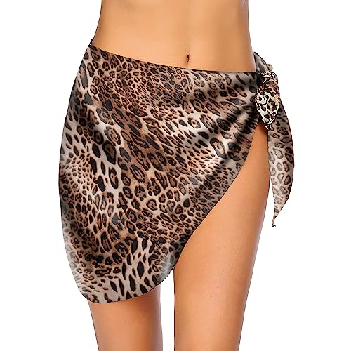 Heveer Damen Strand Wrap Sarong Kurz Cover Up Chiffon Badeanzug Wickelröcke Pareo für den Strand Bikini Swimsuit Leopardenmuster Transluzent von Heveer