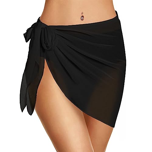 Heveer Damen Strand Wrap Sarong Kurz Cover Up Chiffon Badeanzug Wickelröcke Pareo für den Strand Bikini Swimsuit Schwarz Transluzent von Heveer