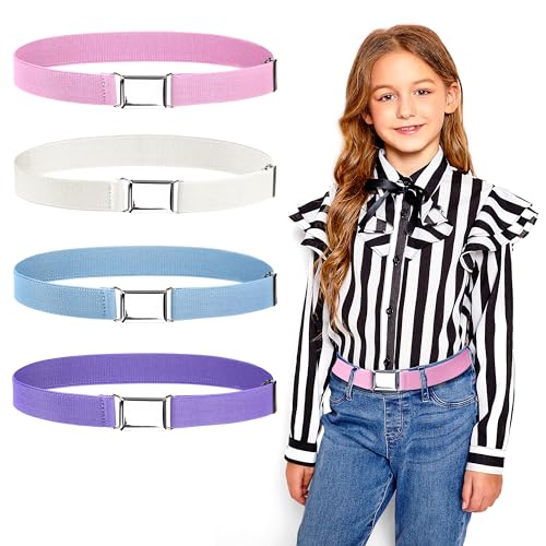 Heveer Elastischer Gürtel Kinder Gürtel für Jungen Mädchen Verstellbar Stretchgürtel für Jeans Hosen Kleid 4 Stück Weiß Blau Rosa Lila von Heveer