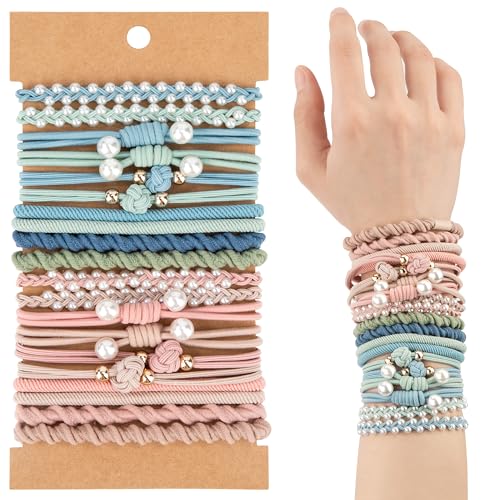 Heveer Elastische Haargummis für Damen Geflochtene Haargummis Armband-Haargummis Haarbänder für Frauen Mädchen Dickes Mittellanges Langes Haar 20 Stück Blau,Rosa,Perle von Heveer