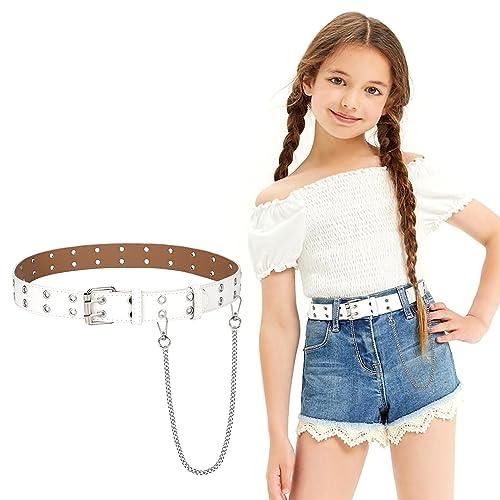 Heveer Kinder Gürtel mit Kette PU-Leder Taillengürtel Punk Gürtel Doppelter Ösengürtel Verstellbare Nietengürtel für Mädchen und Jungen Jeans Hosen Kleid (Weiß) von Heveer