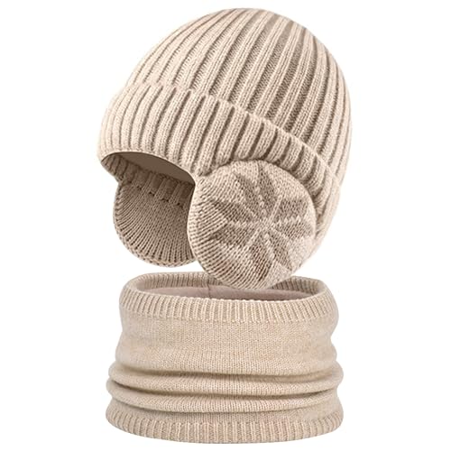 Heveer Kinder Wintermütze Jungen Warme Strickmütze Loop Schal Set Gefüttert Ohrenschützer Hut 4-10 Jahre Schlupfmütze für Outdoor Beige von Heveer