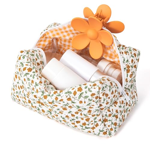Heveer Kosmetiktasche mit Blumenmuster Make up Tasche Frauen Reise Kosmetiktasche Tragbare Kulturbeutel für Damen Mädchen Orange von Heveer