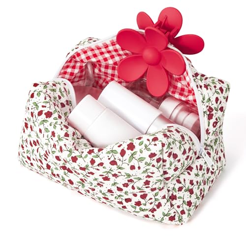 Heveer Kosmetiktasche mit Blumenmuster Make up Tasche Frauen Reise Kosmetiktasche Tragbare Kulturbeutel für Damen Mädchen Rot von Heveer