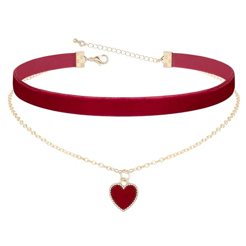 Heveer Samt Halskette Halsband Doppellagige Halskette mit Herz-Anhänger Verstellbare Gothic Choker für Damen Mädchen Rot von Heveer