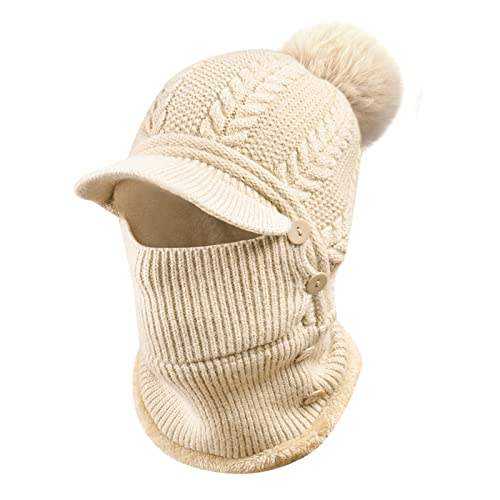 Heveer Warme Strickmütze Damen Flexible Wintermütze mit Halswärmer Krempe Verstellbare Gesichtsmaske Weichem Gefüttert für Outdoor Beige von Heveer