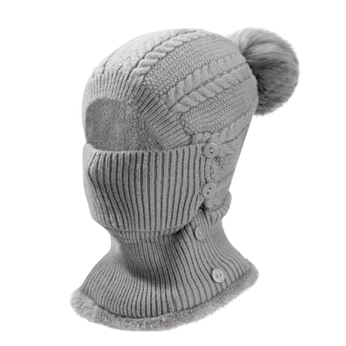 Heveer Wintermütze Damen Warm Strickmütze mit Halswärmer Haarball Verstellbare Gesichtsmaske Weichem Gefüttert Beanie für Outdoor Grau von Heveer