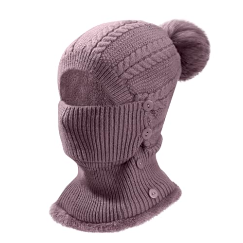 Heveer Wintermütze Damen Warm Strickmütze mit Halswärmer Haarball Verstellbare Gesichtsmaske Weichem Gefüttert Beanie für Outdoor Lila von Heveer