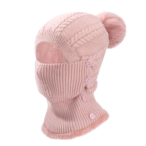 Heveer Wintermütze Damen Warm Strickmütze mit Halswärmer Haarball Verstellbare Gesichtsmaske Weichem Gefüttert Beanie für Outdoor Rosa von Heveer