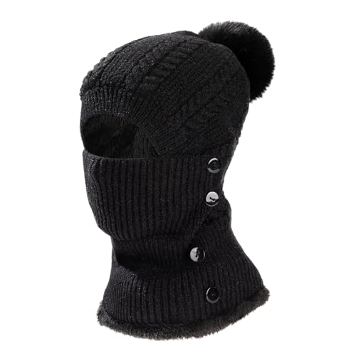 Heveer Wintermütze Damen Warm Strickmütze mit Halswärmer Haarball Verstellbare Gesichtsmaske Weichem Gefüttert Beanie für Outdoor Schwarz von Heveer