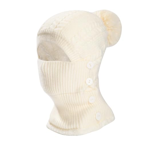 Heveer Wintermütze Damen Warm Strickmütze mit Halswärmer Haarball Verstellbare Gesichtsmaske Weichem Gefüttert Beanie für Outdoor Weiß von Heveer