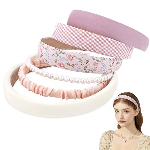 Stirnbänder Damen Haarreifen Blumen Reine Farben Perlen Satiniert Stil Haarbänder Mode Haarschmuck für Frauen Mädchen 6 Stück Rosa von Heveer
