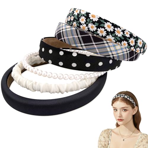 Stirnbänder Damen Haarreifen Blumen Reine Farben Perlen Satiniert Stil Haarbänder Mode Haarschmuck für Frauen Mädchen 6 Stück Schwarz von Heveer