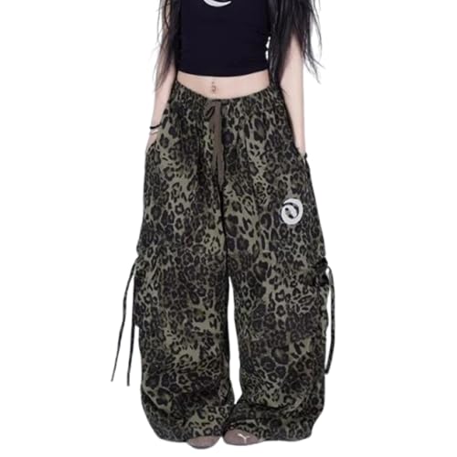 Damen Hosen Lang Lockere Freizeithose Leopard Retro Baggy Hose Y2k Cargohose Harajuku Streetwear mit Taschen von Hewlshawn
