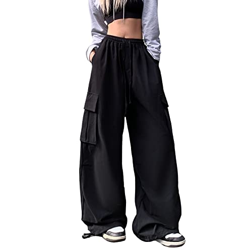 Hewlshawn Cargo Hose Baggy Y2K Vintage Gothic Hosen High Waist Gerade Boyfriend Aesthetic Harajuku Streetwear (Black,L) von Hewlshawn