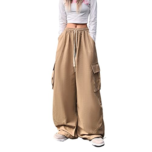 Hewlshawn Cargo Hose Baggy Y2K Vintage Gothic Hosen High Waist Gerade Boyfriend Aesthetic Harajuku Streetwear (Khaki,L) von Hewlshawn