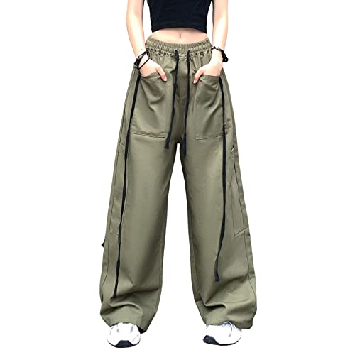 Hewlshawn Cargohose Damen Y2k Baggy Hose 90s Parachute Pants High Waist Straight Hosen Freizeithose mit Taschen Streetwear (Green,S) von Hewlshawn