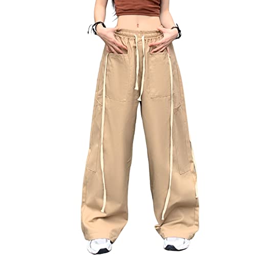 Hewlshawn Cargohose Damen Y2k Baggy Hose 90s Parachute Pants High Waist Straight Hosen Freizeithose mit Taschen Streetwear (Khaki,M) von Hewlshawn