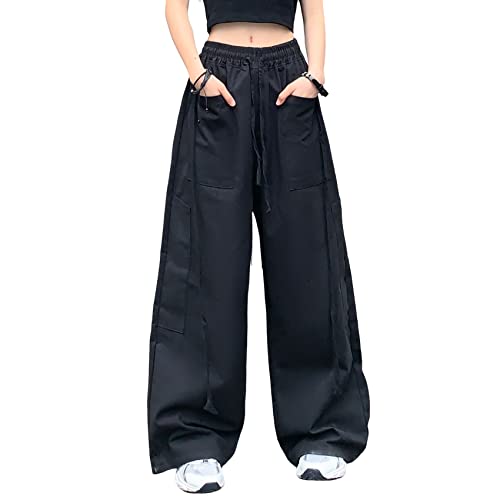 Hewlshawn Cargohose Damen Y2k Baggy Hose 90s Parachute Pants High Waist Straight Hosen Freizeithose mit Taschen Streetwear von Hewlshawn