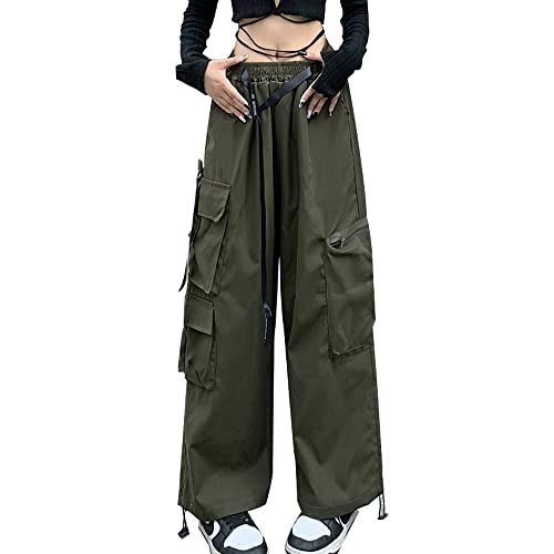 Hewlshawn Damen Cargohose Baggy High Waist Gotisch Y2k Straight Streetwear Elastische Taille mit Kordelzug Einstellbar Füße binden (Green,L) von Hewlshawn