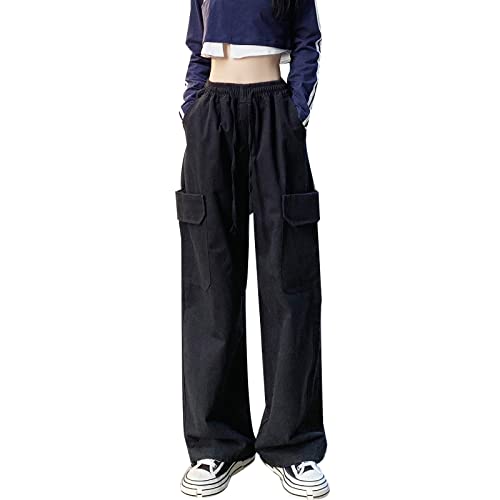 Hewlshawn Damen Cargohose Y2K Baggy Hosen Gothic Vintage Elastische Taille Straight Hose Harajuku Mädchen Streetwear (Black,2XL) von Hewlshawn