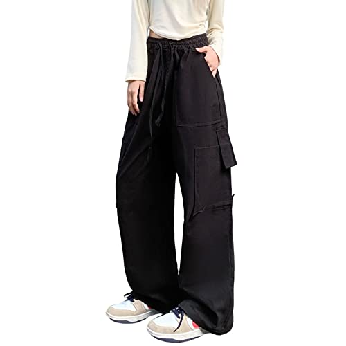 Hewlshawn Damen Cargohose Y2K Baggy Hosen Gothic Vintage Elastische Taille Straight Hose Harajuku Mädchen Streetwear (Black.1,S) von Hewlshawn