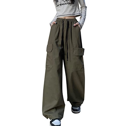 Hewlshawn Damen Cargohose Y2K Baggy Hosen Gothic Vintage Elastische Taille Straight Hose Harajuku Mädchen Streetwear (Green,S) von Hewlshawn