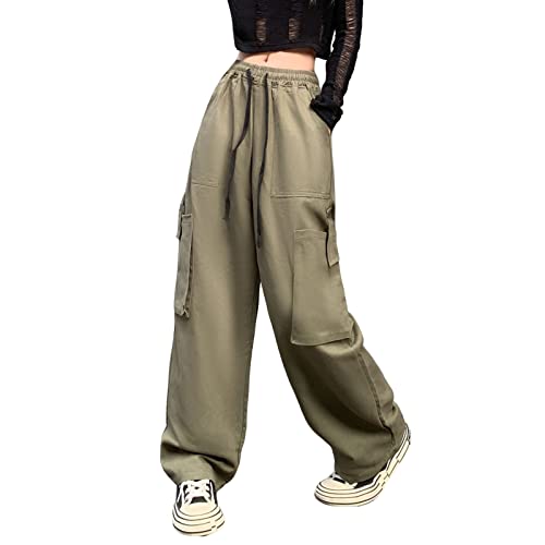 Hewlshawn Damen Cargohose Y2K Baggy Hosen Gothic Vintage Elastische Taille Straight Hose Harajuku Mädchen Streetwear (Green.1,L) von Hewlshawn