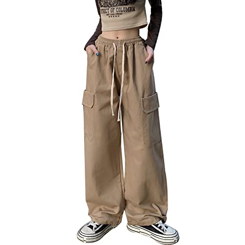 Hewlshawn Damen Cargohose Y2K Baggy Hosen Gothic Vintage Elastische Taille Straight Hose Harajuku Mädchen Streetwear (Khaki,XL) von Hewlshawn