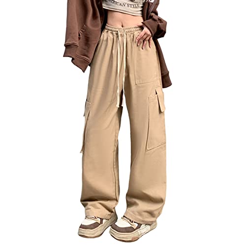 Hewlshawn Damen Cargohose Y2K Baggy Hosen Gothic Vintage Elastische Taille Straight Hose Harajuku Mädchen Streetwear (Khaki.1,S) von Hewlshawn