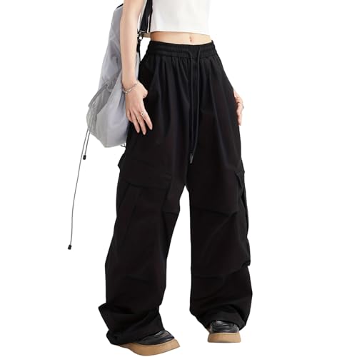 Hewlshawn Damen Cargohose Y2K Goth Baggy Hose Sport Freizeithose Vintage Elastische Taille Wanderhose mit Taschen von Hewlshawn
