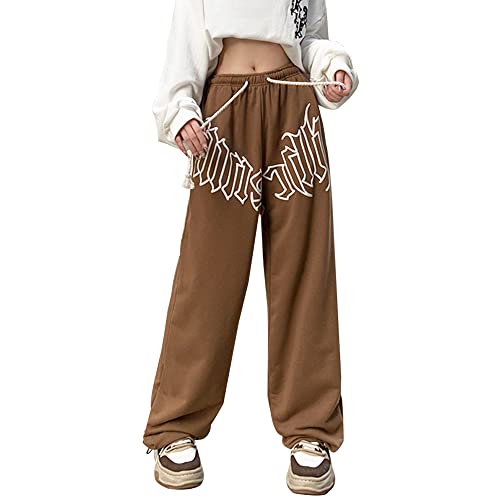 Hewlshawn Damen Hosen Gothic Y2k Cargo Baggy Jogger Sporthose Baumwolle Aesthetic Vintage Kordelzug Freizeithose (Brown,L) von Hewlshawn