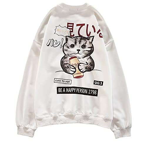 Pullover Sweatshirt Damen Baumwolle Langarm Rundhals Lose Blusen Tops Kawaii Katze Muster Pulli Streetwear Y2k Style (640-White,M) von Hewlshawn