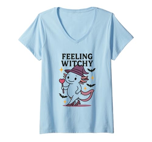 Damen Halloween Axolotl Kostüm T-Shirt mit V-Ausschnitt Damen Halloween Axolotl Kostüm T-Shirt mit V-Ausschnitt von Hexe Geist Spruch Geschenkidee
