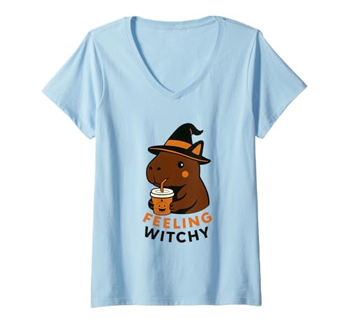 Damen Halloween Capybara Kostüm T-Shirt mit V-Ausschnitt Damen Halloween Capybara Kostüm T-Shirt mit V-Ausschnitt von Hexe Geist Spruch Geschenkidee